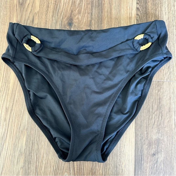 Robin Piccone Margot High Rise Bikini Bottom Black Womens Large Swimsuit Raffia - Picture 1 of 5